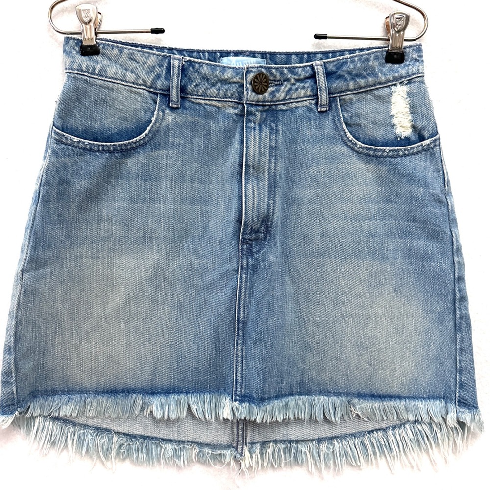 Show Me Your Mumu Sz 28 Blue Atlanta A-Line Denim Skirt Brook Wash Distressed